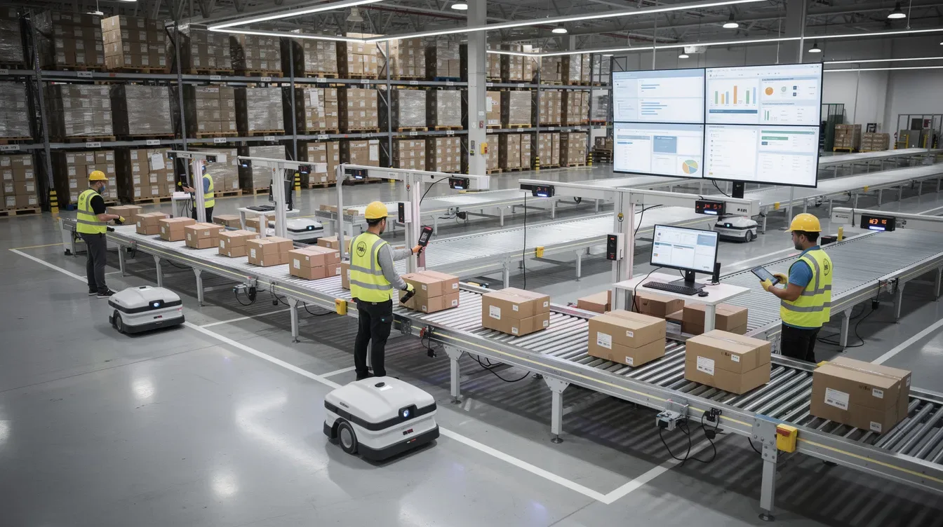 The image depicts a modern warehouse featuring automated conveyor systems, where human workers are actively managing operations. This setting highlights the integration of supply chain automation and robotic process automation, showcasing the efficiency and effectiveness of current supply chain processes.