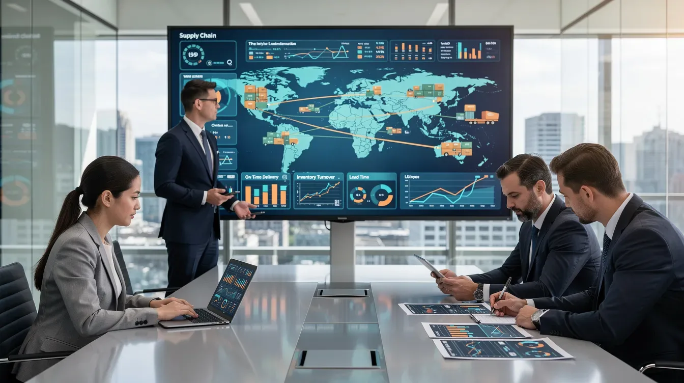 The image depicts business professionals engaged in analyzing supply chain data on digital dashboards, showcasing various metrics related to supply chain operations and automation tools. They are focused on improving efficiency and visibility within their supply chain processes to enhance customer satisfaction and reduce operational costs.