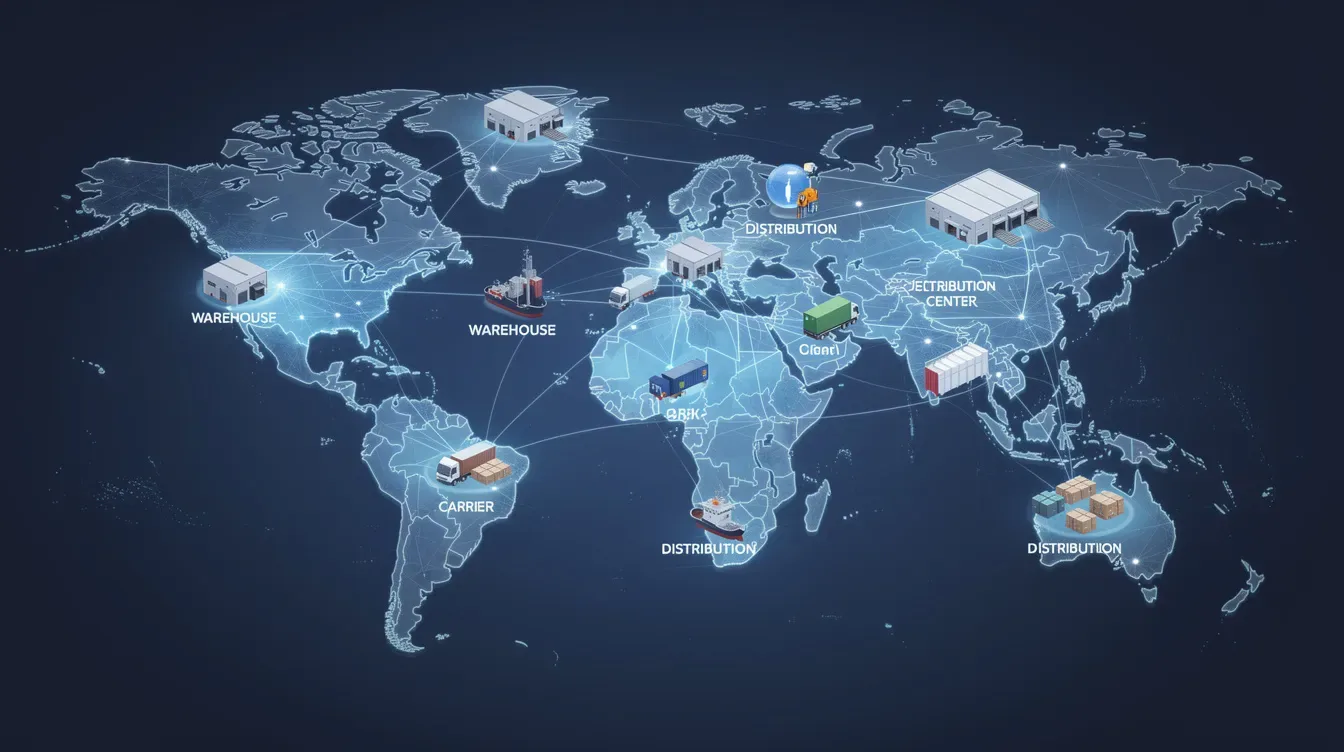 The image depicts a global logistics network with interconnected nodes representing warehouses, carriers, and distribution centers, illustrating the complexity of modern supply chains. This visual emphasizes the importance of supply chain management and automation in enhancing operational efficiency and meeting customer expectations.